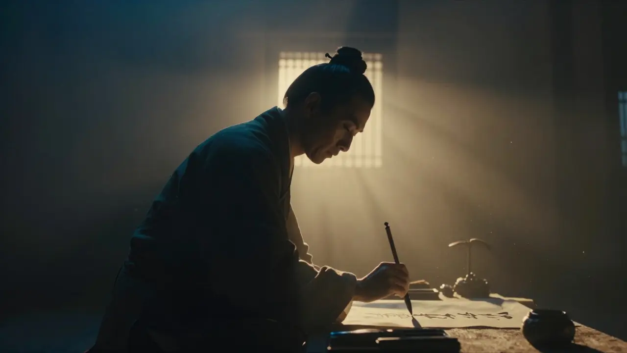 Силуэт мастера каллиграфии в медитативной позе