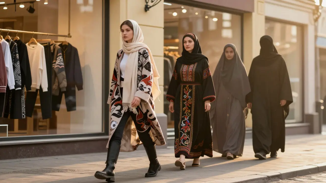 Современная мусульманская мода: молодая женщина в хиджабе и традиционная женщина рядом.
