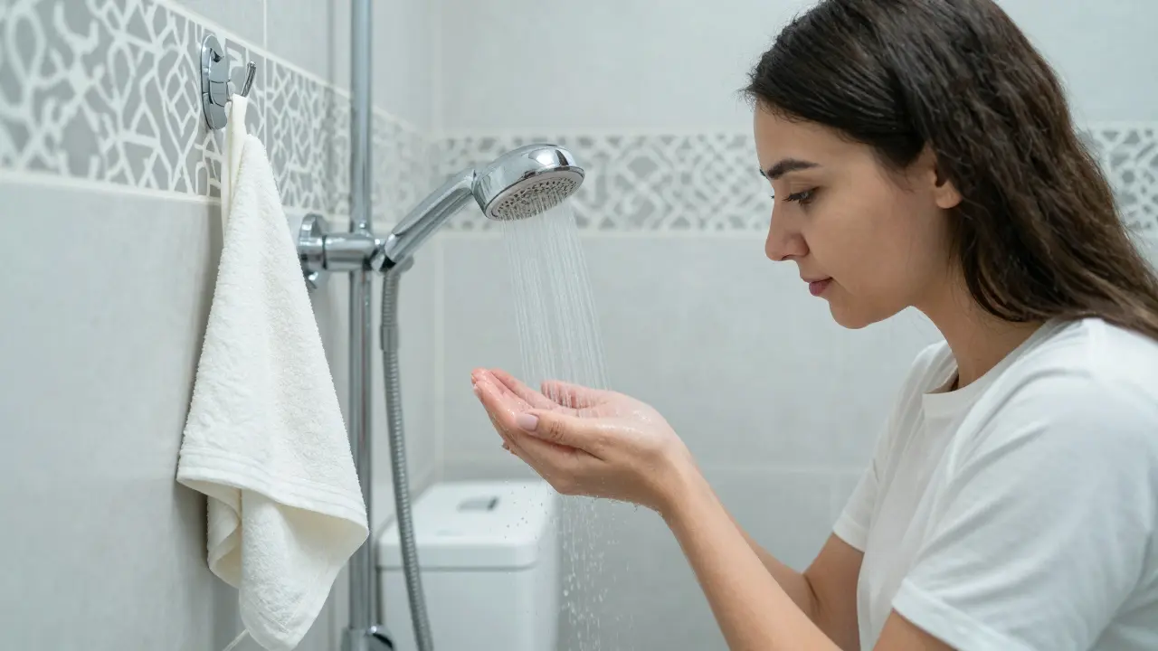 Современная татарская женщина использует душ для ритуального омовения, рядом висит белая хлопковая салфетка.