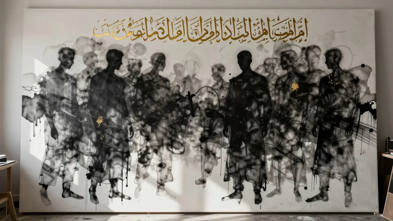 Современное искусство с силуэтами людей и каллиграфией Корана в тенях.