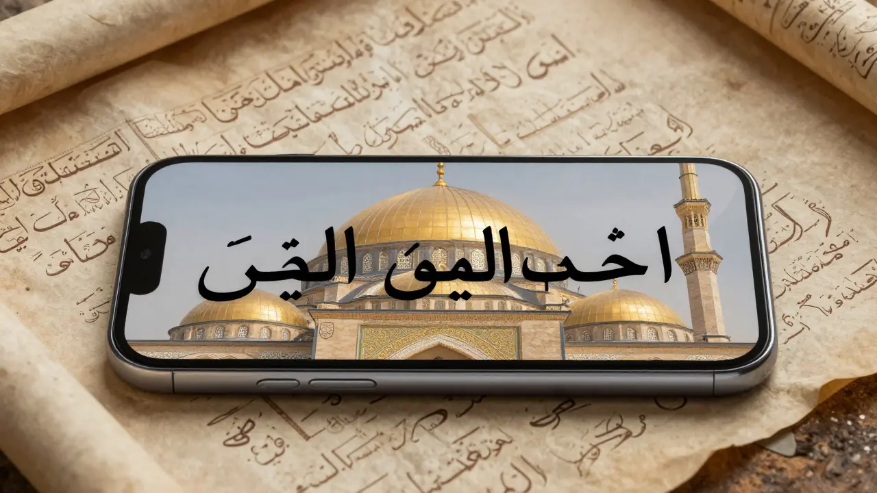 Современный экран телефона с арабским текстом, наложенный на древние письмена и архитектуру мечети.