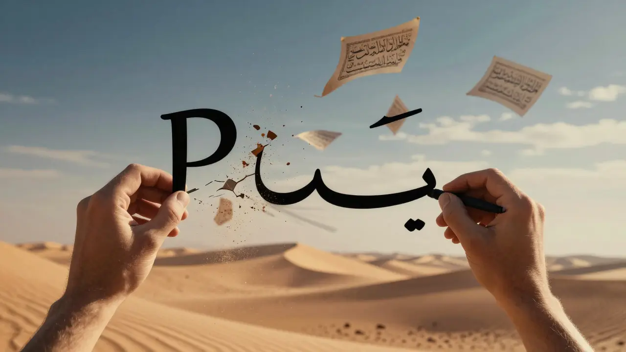 Сравнение: ломаная латинская 'П' разрушается, а плавная арабская 'ب' соединяется с другими буквами в танце ветра.