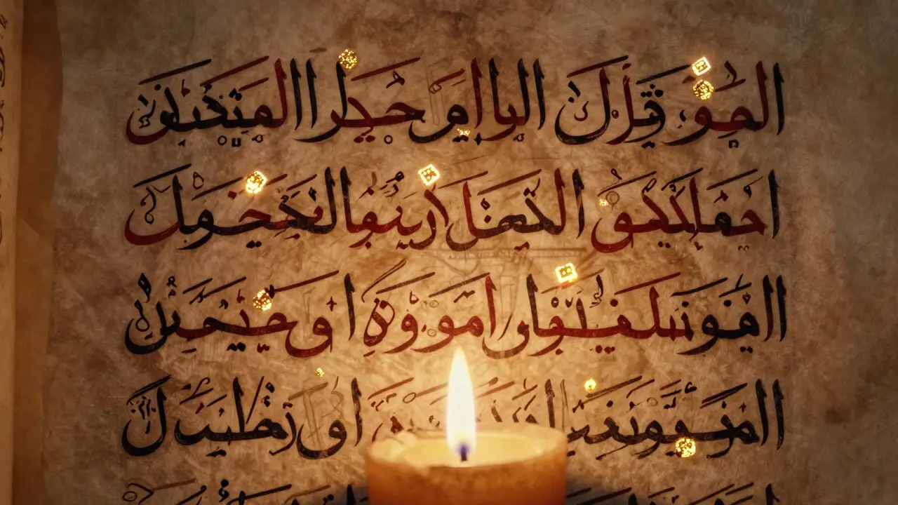 Старинный арабский манускрипт с диакритическими знаками, освещённый свечой, без букв 'П', 'Г' или 'Э'.