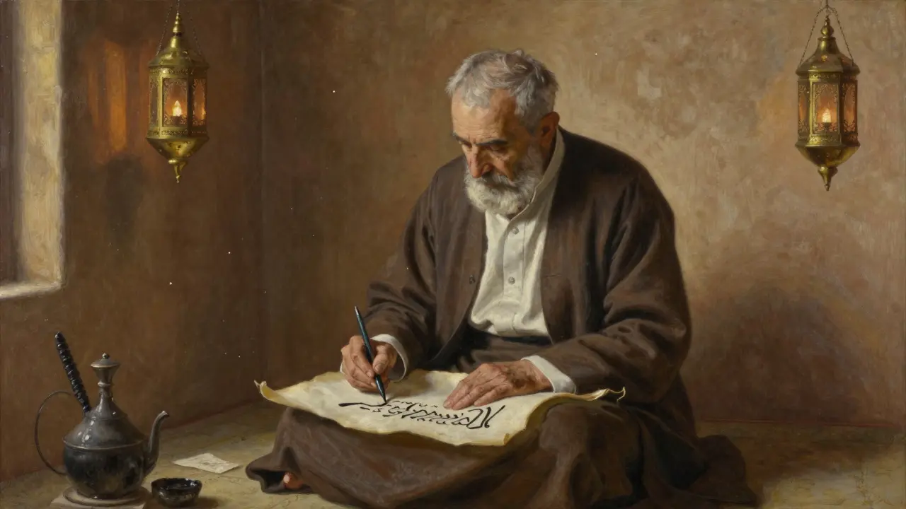 Старый каллиграф в традиционной мастерской пишет на пергаменте, сидя на подушке без стула.