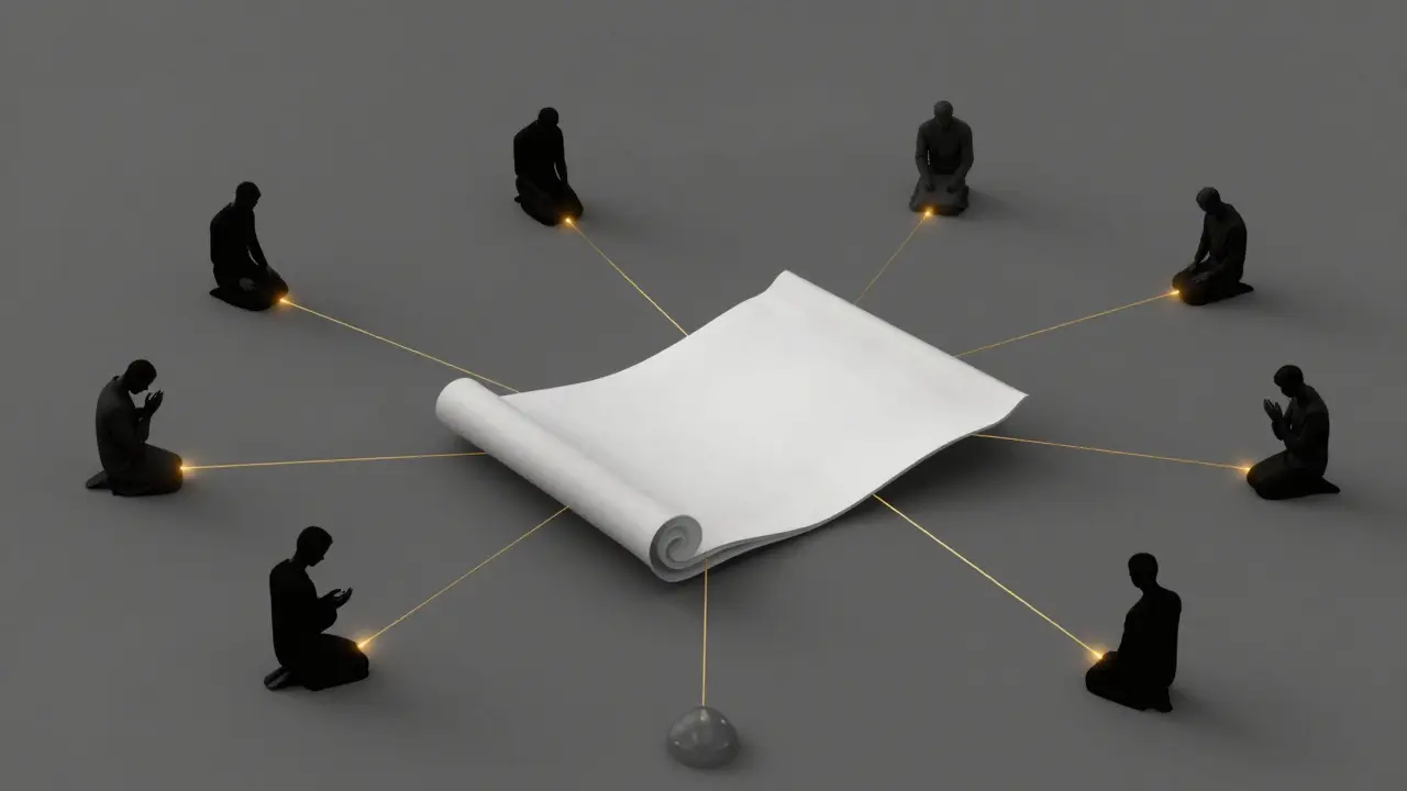 Священный свиток с золотыми нитями, соединяющими его с разными людьми — ислам как основа, а люди — как его последователи.