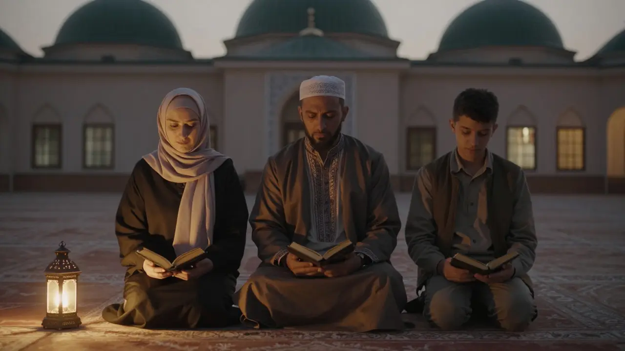 Три человека разных культур вместе в мечети, читают Коран в тихом вечернем свете.
