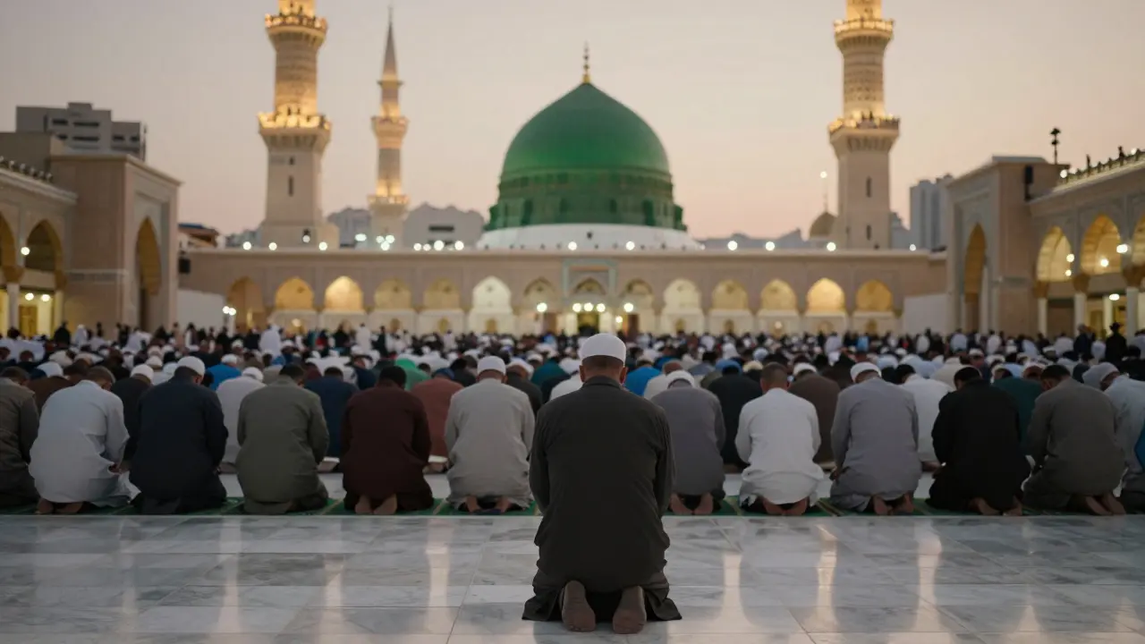Тысячи мусульман молятся в мечети Пророка в Медине, обращаясь к Аллаху, а не к могиле прародителя.