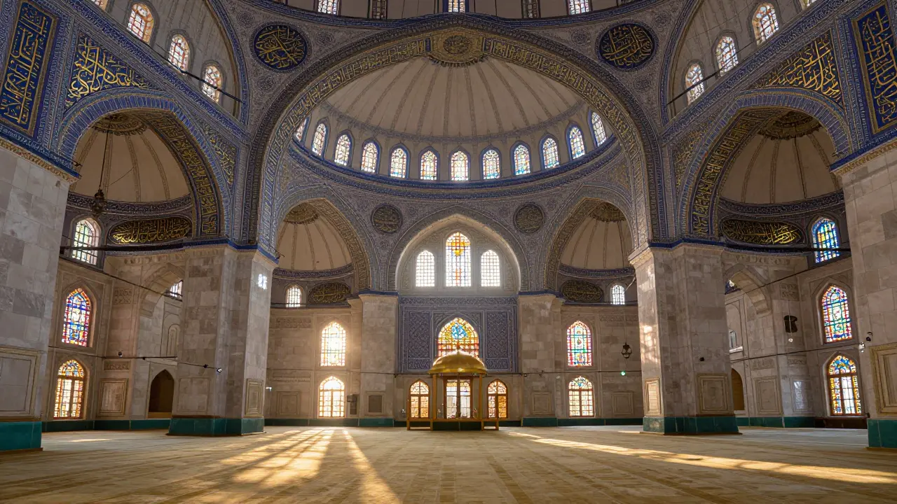 Внутренность мечети, украшенная золотыми арабскими надписями, пронизанными утренним светом.