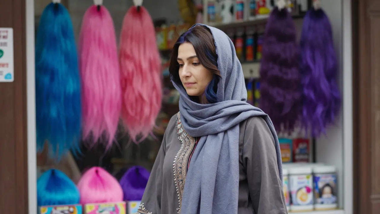 Женщина с коричневыми волосами проходит мимо магазина с яркими красками для волос.