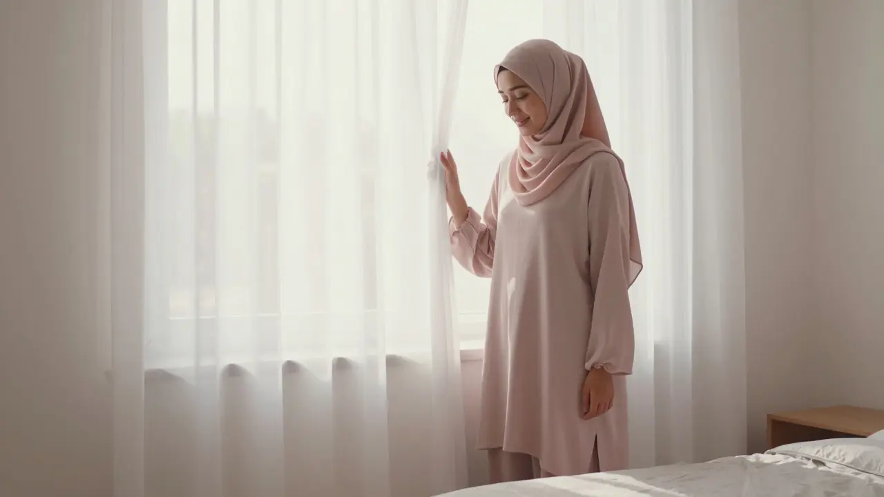 Женщина в длинной кофте и штанах стоит у окна, утренний свет освещает её спокойное лицо.