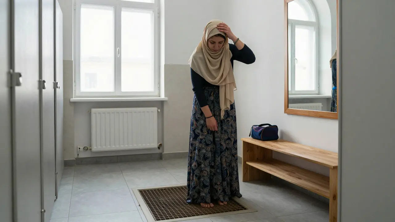 Женщина в мечети использует туалет с подогревом пола и водяной насадкой, её одежда остается полностью закрытой, рядом видна сумка с запасными брюками.