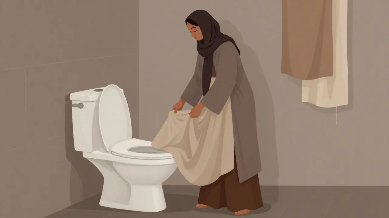 Женщина в многослойной одежде легко снимает только нижнюю юбку в туалете с водяной насадкой, окружающая обстановка — уютная и приспособленная для удобства.
