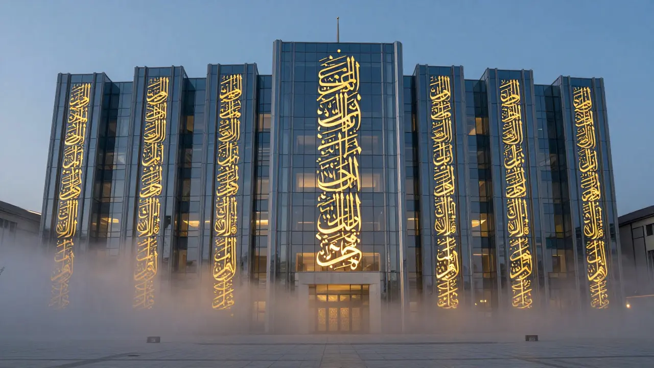 Золотые буквы в архитектуре мечети на рассвете